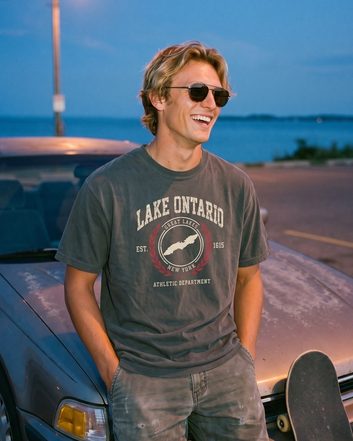 Lake Ontario Athletic Dept tee, Faded Black, on model