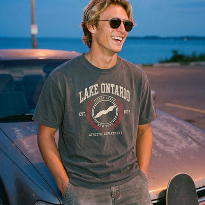 Lake Ontario Athletic Dept tee, Faded Black, worn sitting on a car hood