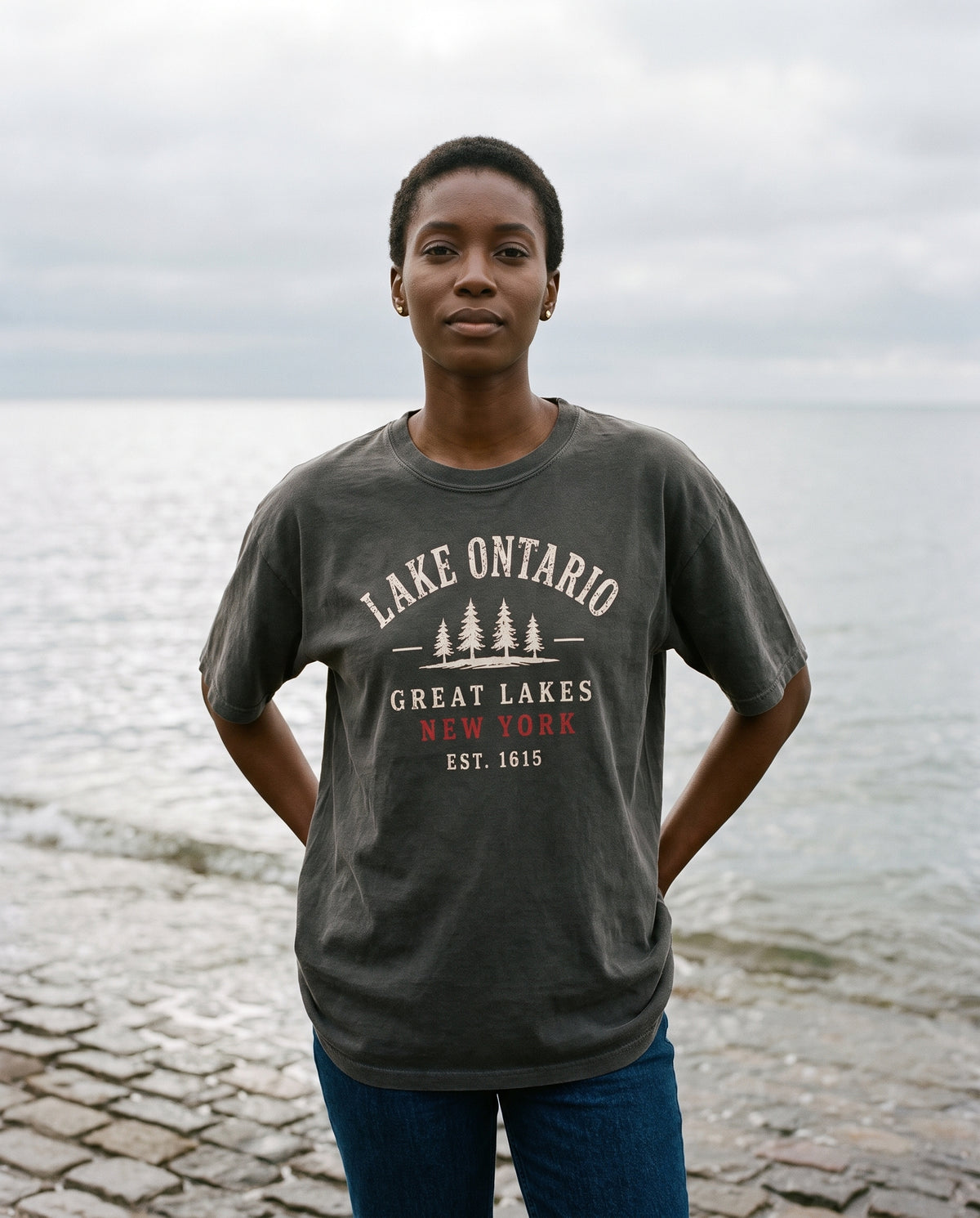 Lake Ontario Great Lakes tee in Coal on the Fair Haven cobbles