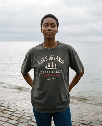 Lake Ontario Great Lakes tee in Coal on the Fair Haven cobbles