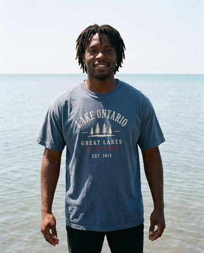 Lake Ontario Great Lakes tee in Indigo, knee-deep at Southwick Beach