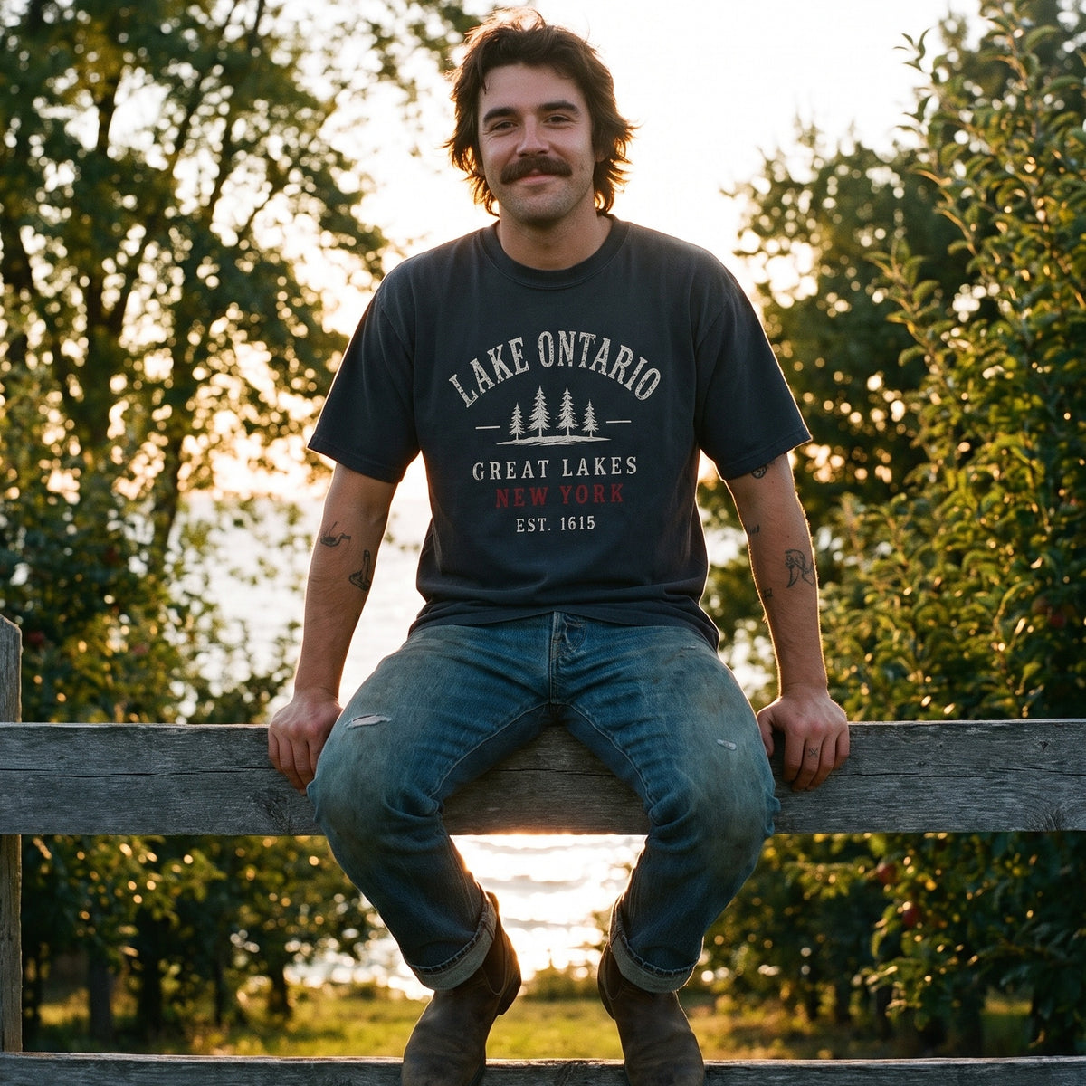 Lake Ontario Great Lakes tee in Black, worn on an orchard fence at sunset