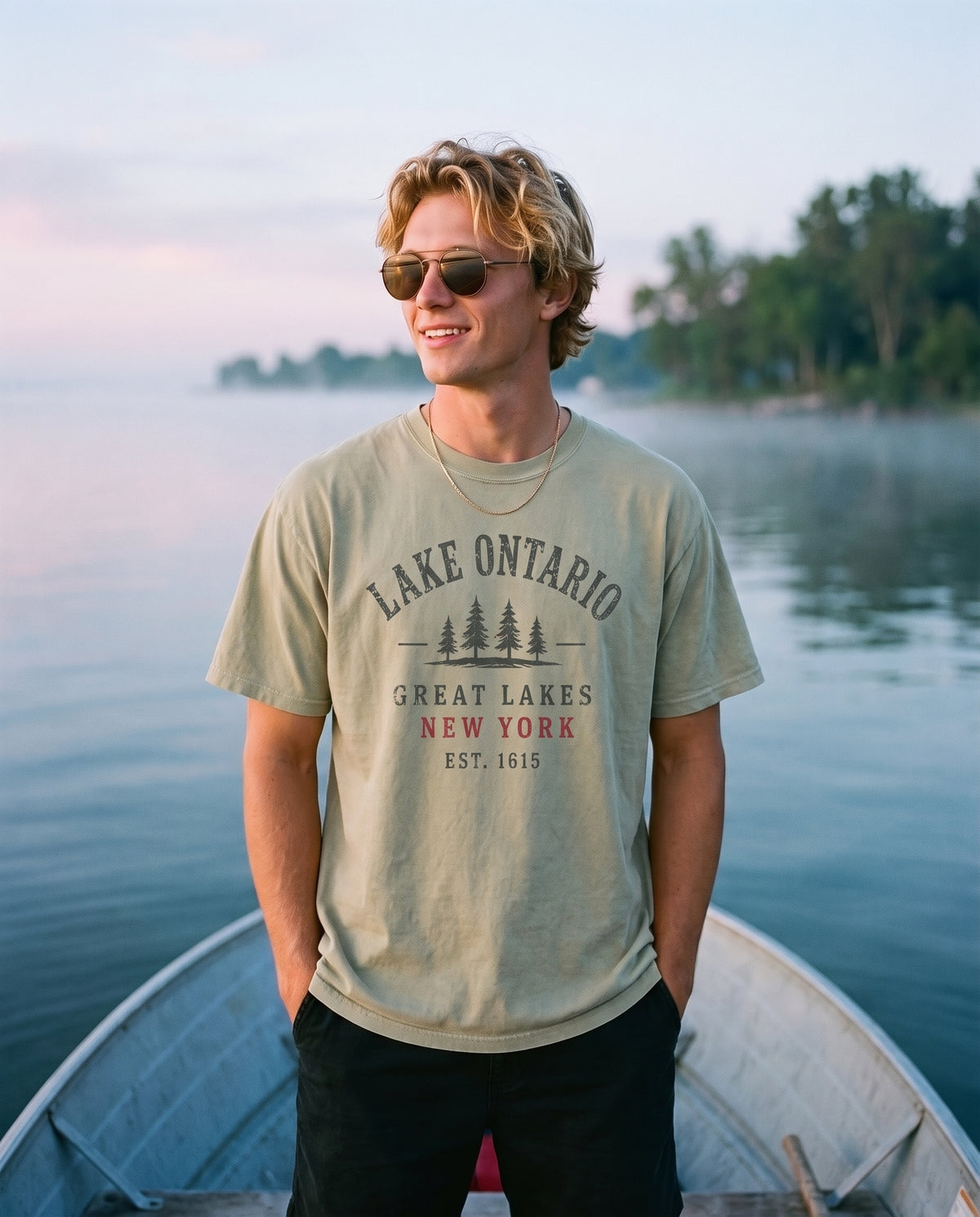 Great Lakes Tee in Eucalyptus, worn on the shore of Lake Ontario