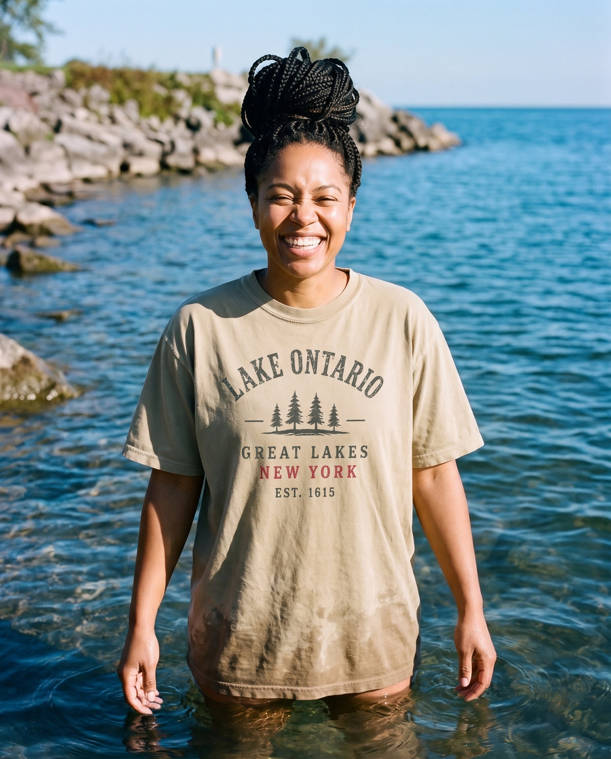 Great Lakes Tee in Khaki, worn on the shore of Lake Ontario