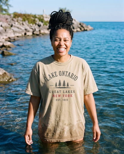 Great Lakes Tee in Khaki, worn on the shore of Lake Ontario