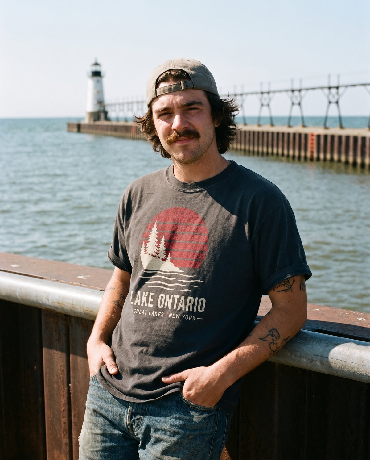 Lake Ontario Sunset tee in Black on the Oswego breakwall