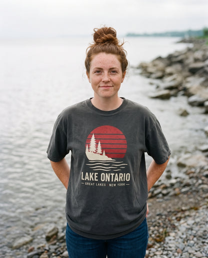 Lake Ontario Sunset tee in Coal on the Fair Haven cobbles