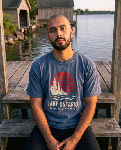 Lake Ontario Sunset tee in Indigo at Southwick Beach